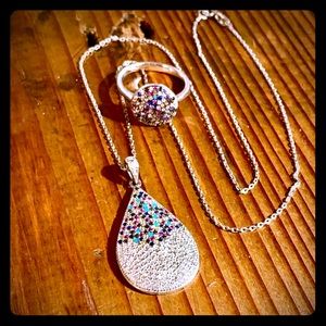 Sterling silver necklace/ring set pave’ stones